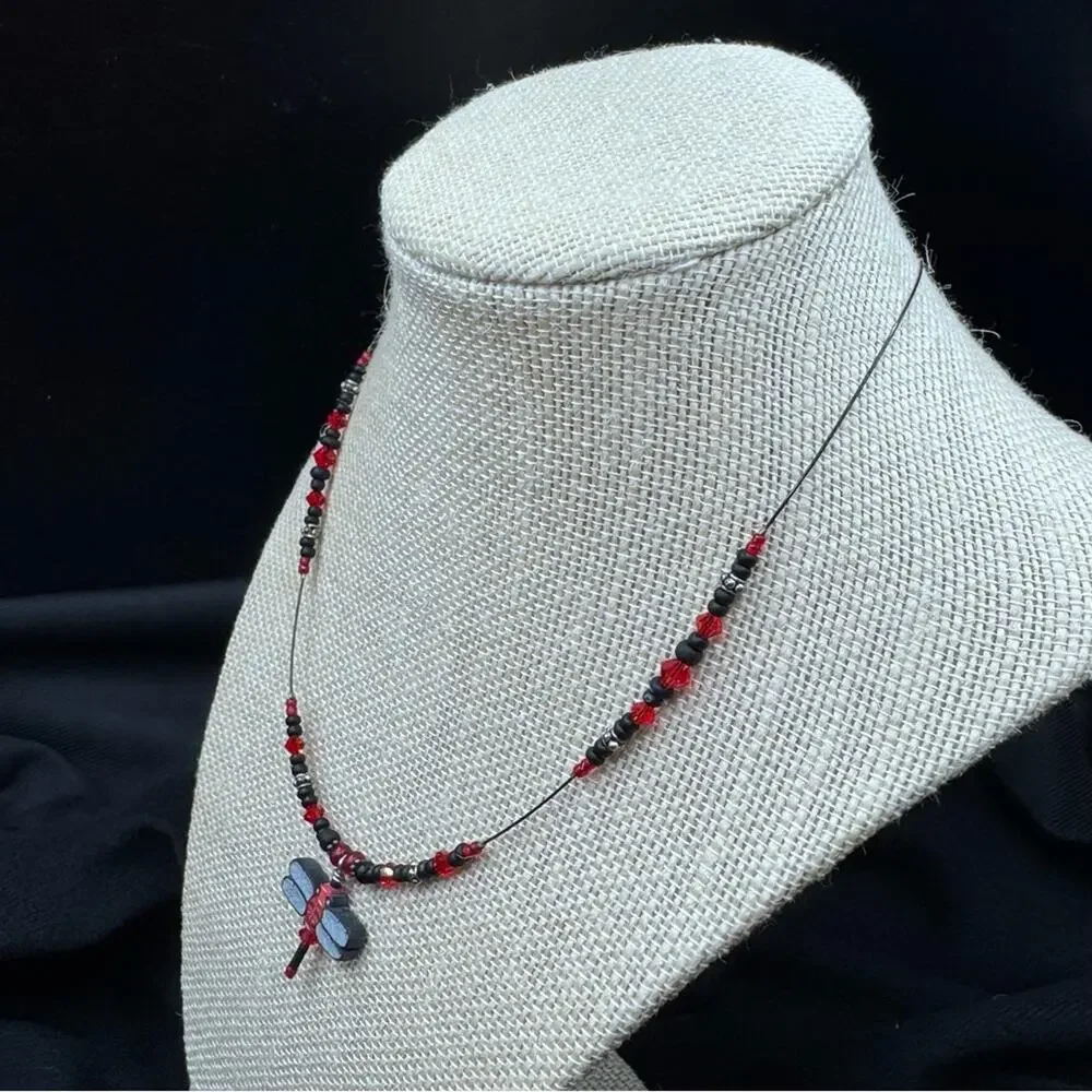 Dragonfly Pendant Beaded Necklace with Red and Black Beads Artsy Jewelery
